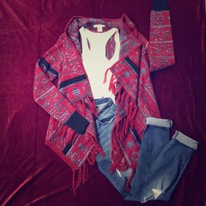 **BELLE DU JOUR** Navy/Red Printed Fringe Cardigan