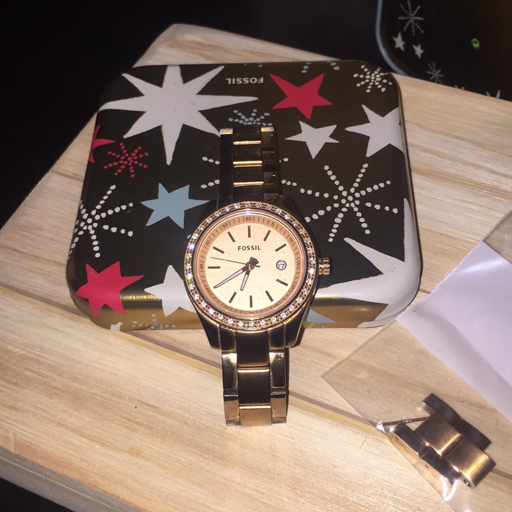 Rose Gold Fossil Watch with Stone Topring