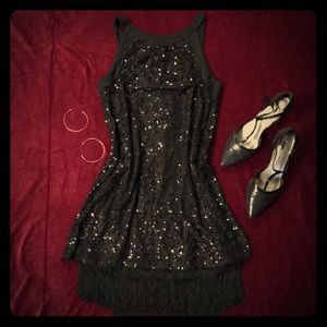 **AQUA** Black Sequin/Fringe 20's-Inspired Dress