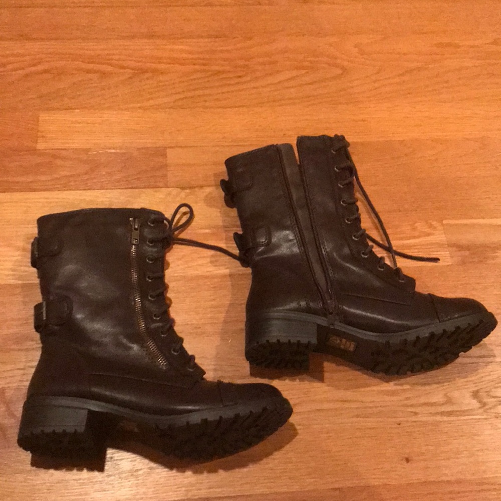 Brown leather combat boots