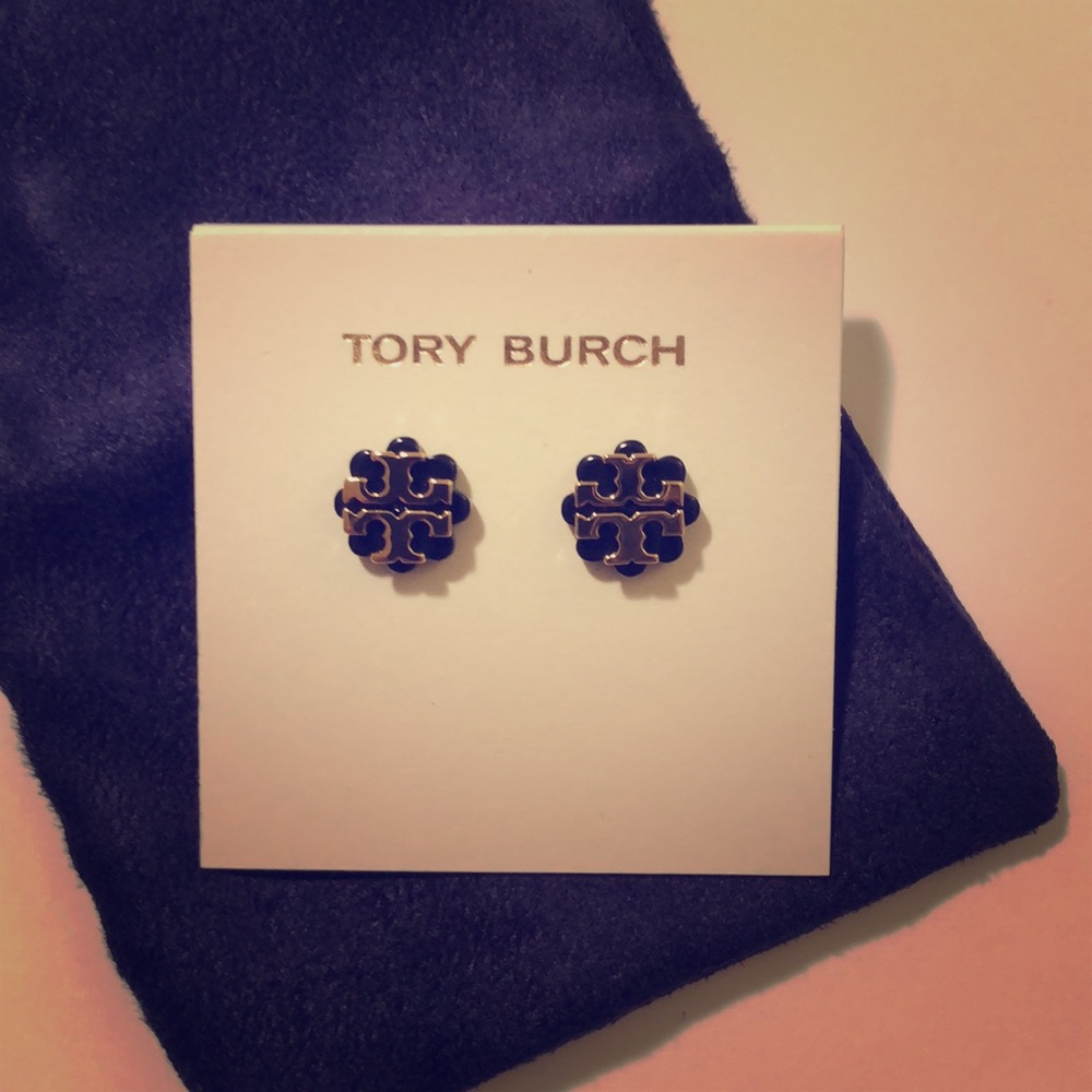 Tory Burch black and gold logo stud earrings NWT
