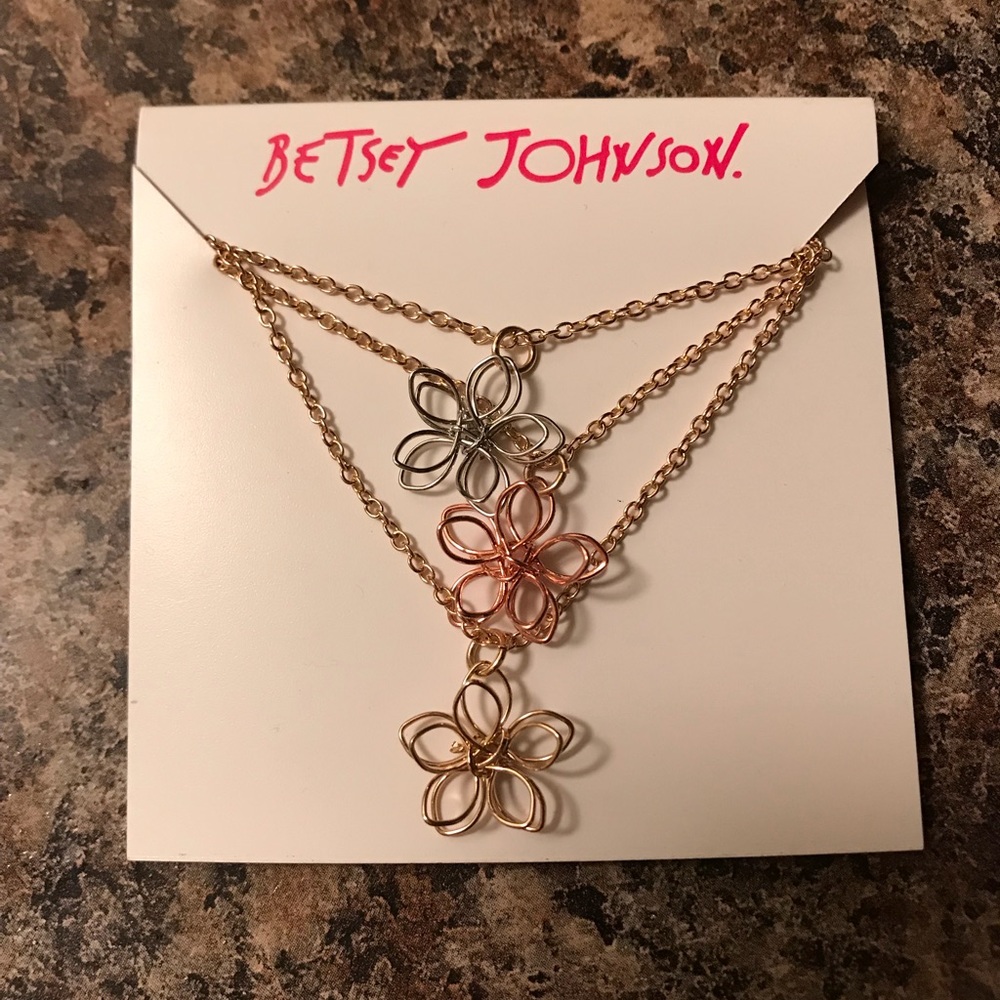 Betsey Johnson Triple Chain 3 Tone Flower Necklace