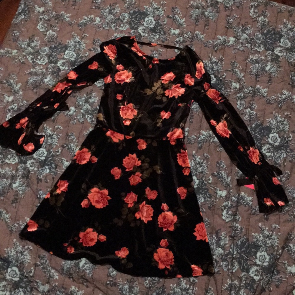 Velveteen black floral long sleeve dress brand new