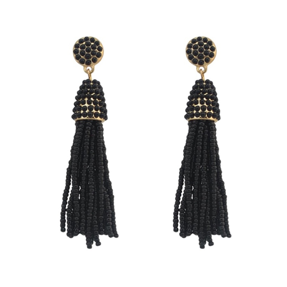 Black Beaded Tassel Earrings
