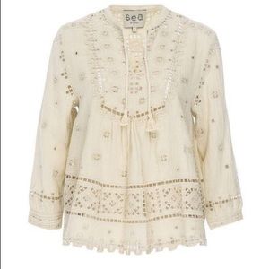 SEA NYC Lace Embroidered Peasant Top in Natural