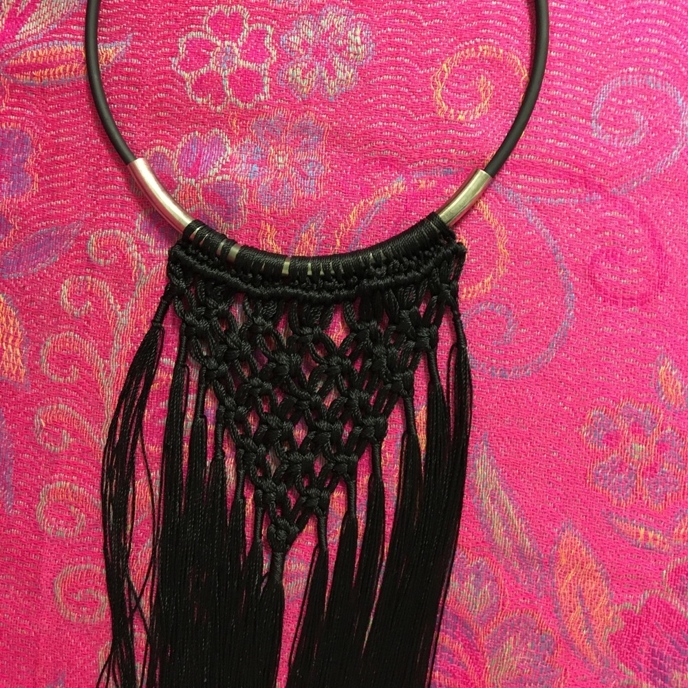 Black Macrame Look Boho Super Long Fringe Necklace