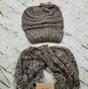 Brown Melange Beanie/Infinity Scarf Set