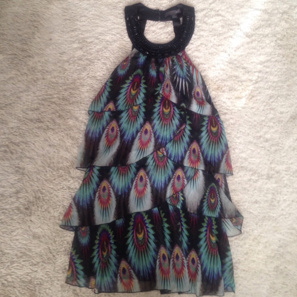 Forever21 tiered peacock print black beaded dress