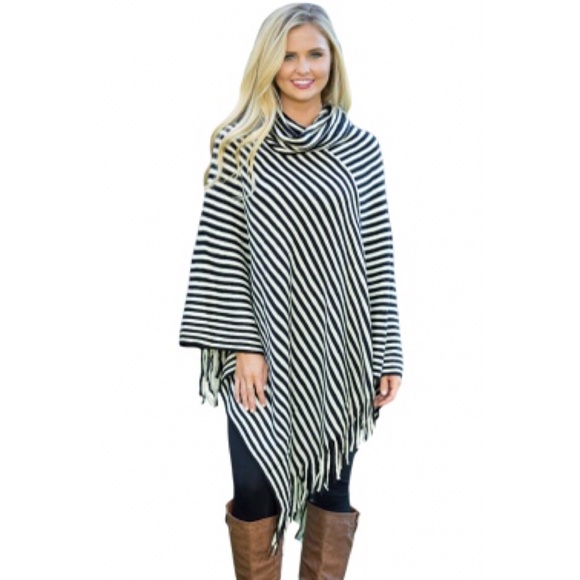 Women’s Black/White Striped Poncho - Picture 1 of 2
