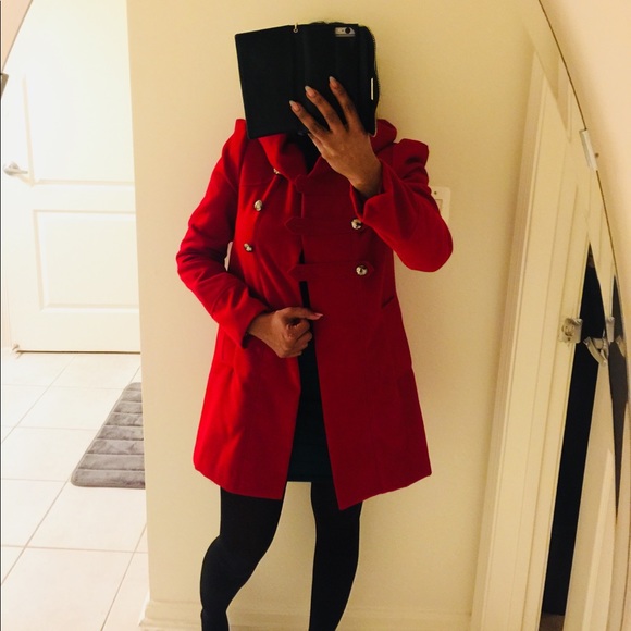 Red pea coat 🧥with unique  collar .. - Picture 1 of 5