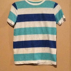 Light blue, dark blue, and white striped t-shirt