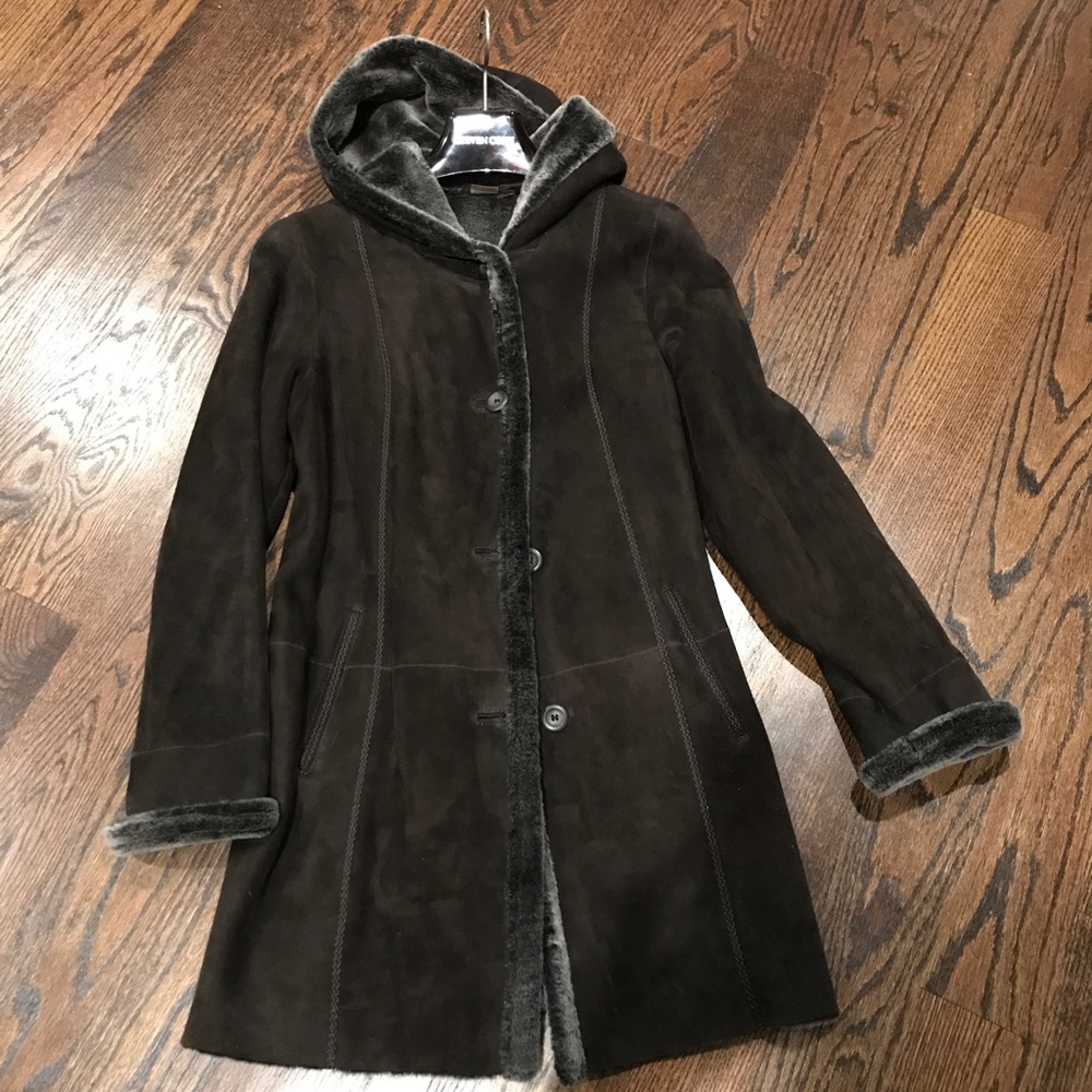 Dark brown suede shearling coat XS