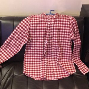 Red and white checkered button down