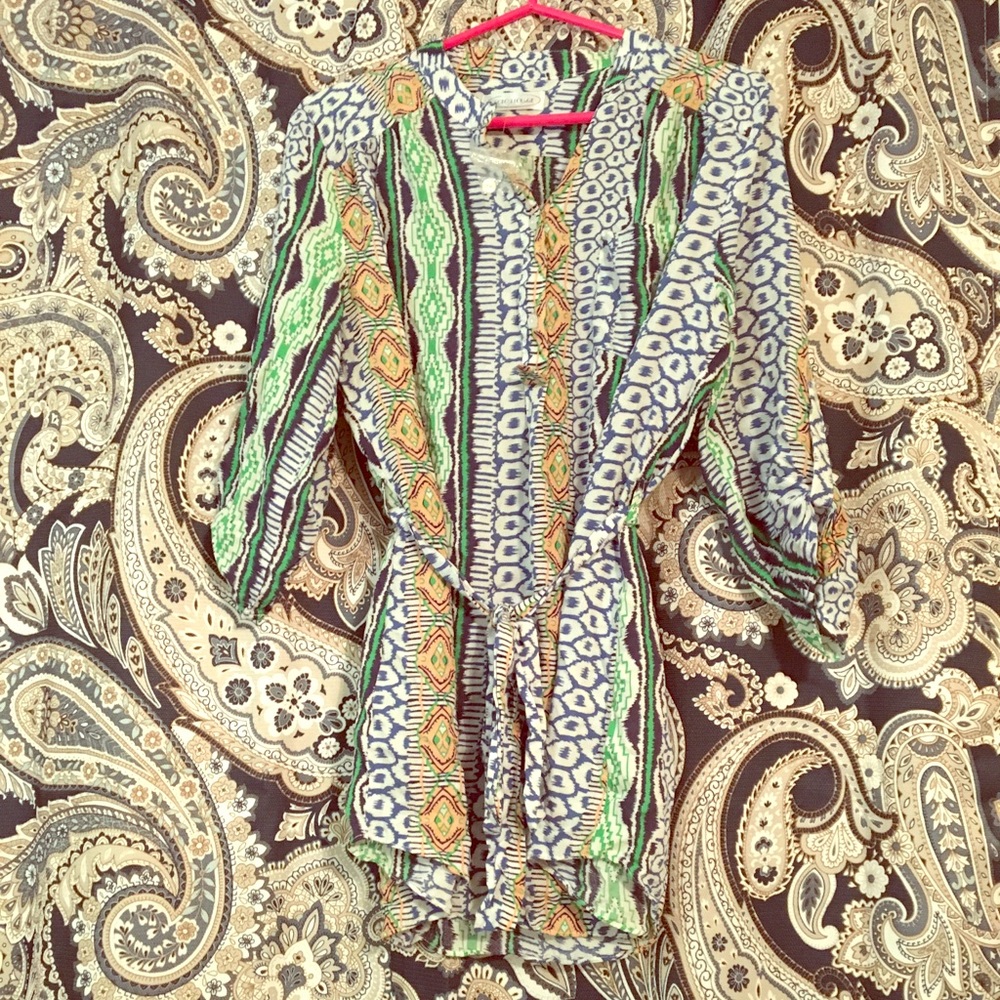 🍍Women’s XL Blouse Tunic Shirt Cotton Blue Green