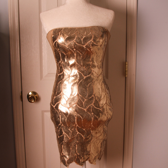 BEBE Gold Metallic Sequence Party Dress - Picture 1 of 4