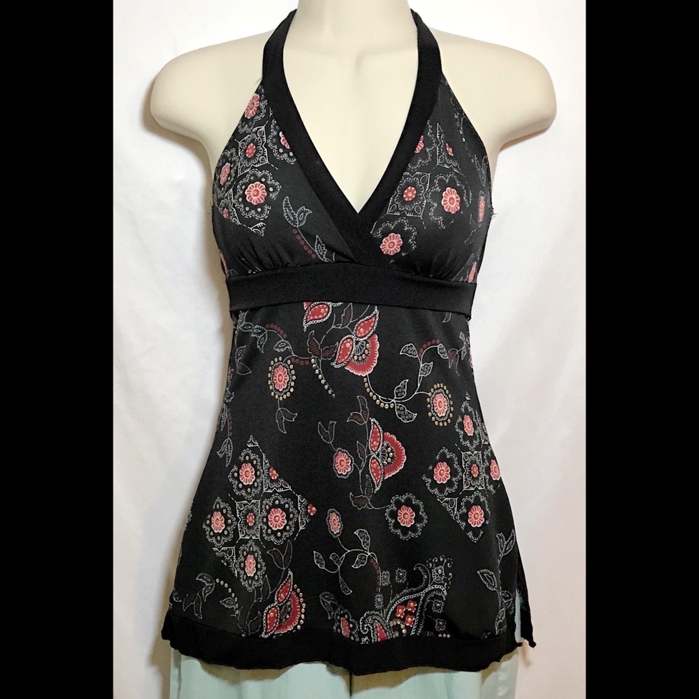 Sexy Moa Moa black floral halter top gold accents