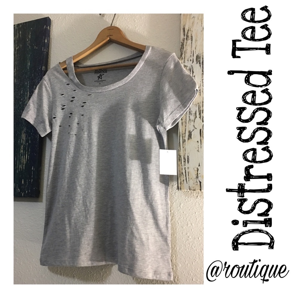 Distressed Tee-Light Grey-Trendy Holes&Ripped Seam