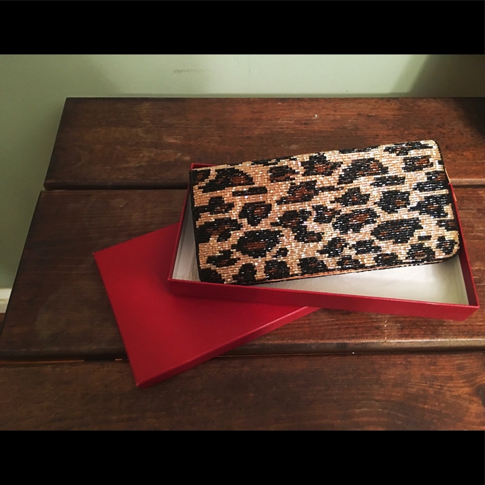 NIB Neiman Marcus Beaded Leopard Print Clutch