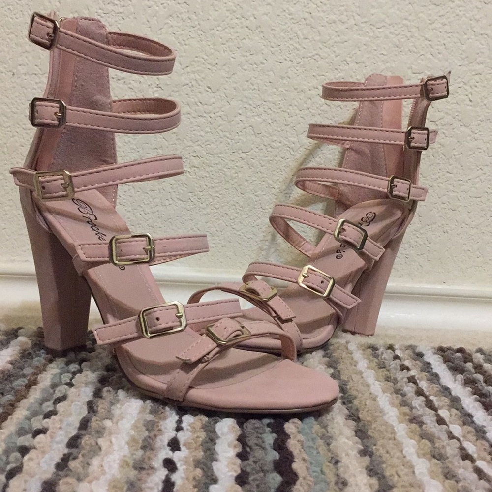 Blush colored strappy heels