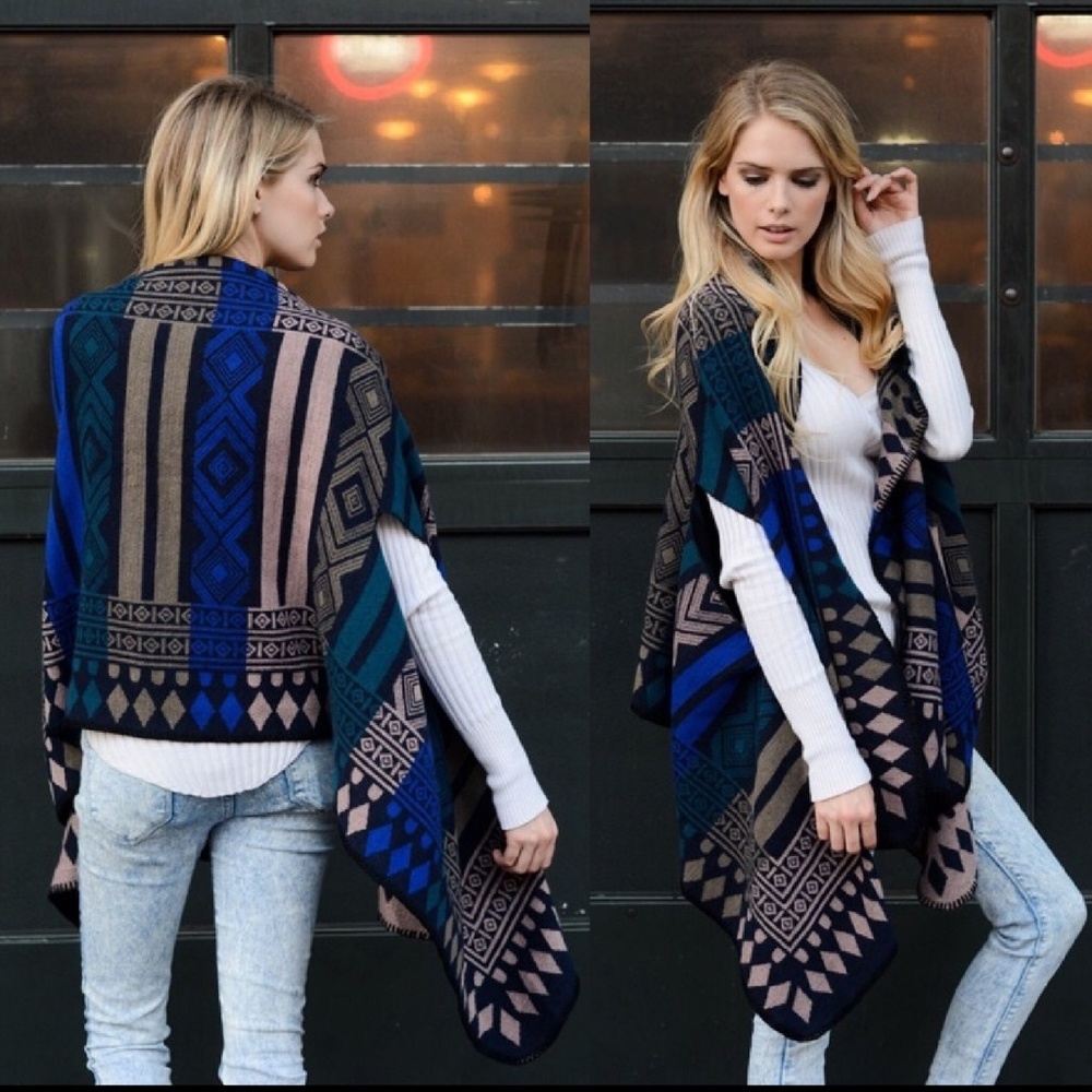 Navy Geo Pattern Poncho Wrap One Size Fits Most