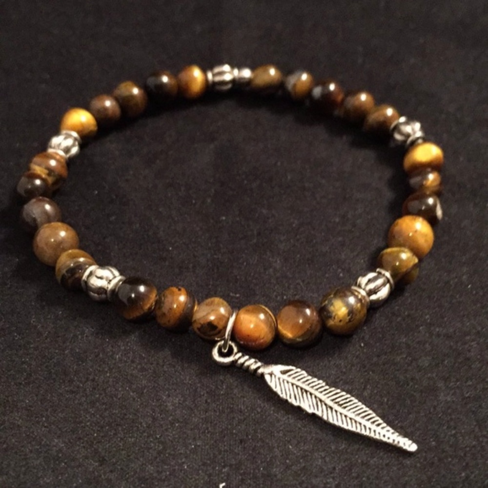 Tigers Eye w/ feather charm bracelet 7" HARMONY