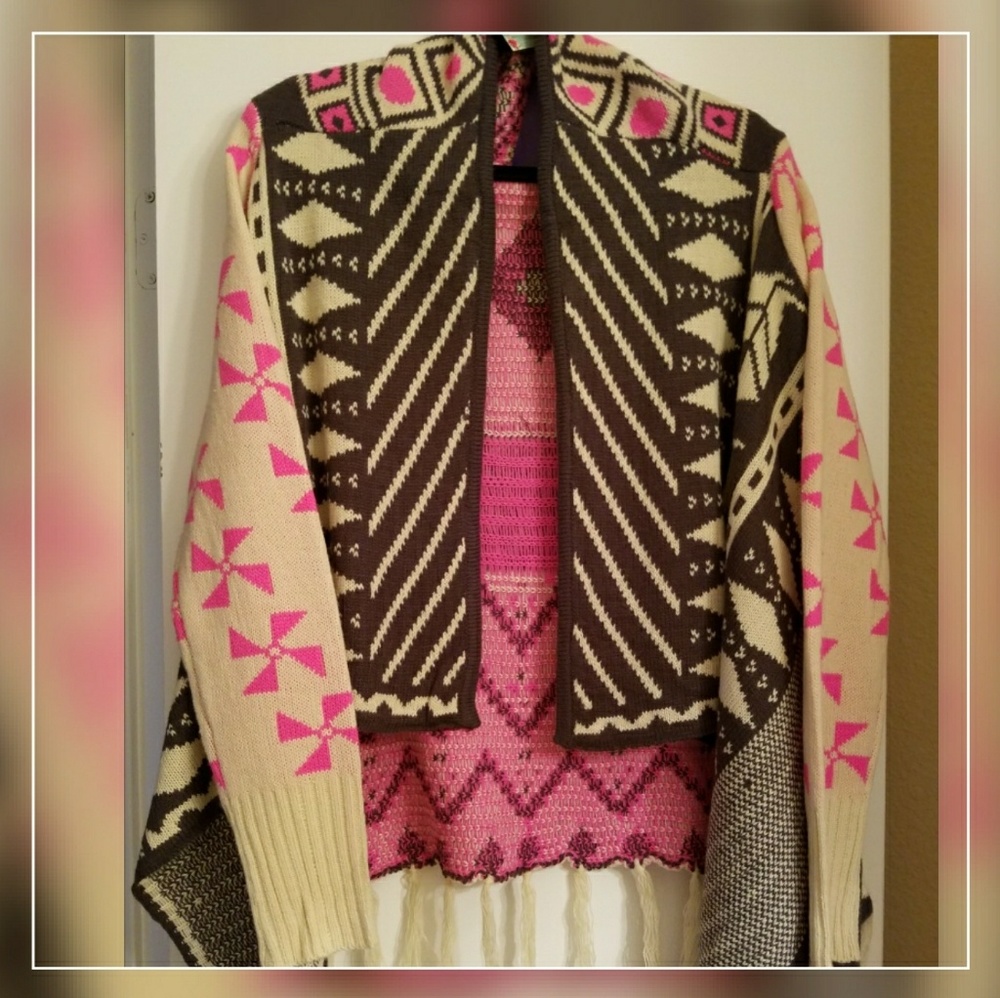 Aztec Print Open Sweater Cardigan with Fringe