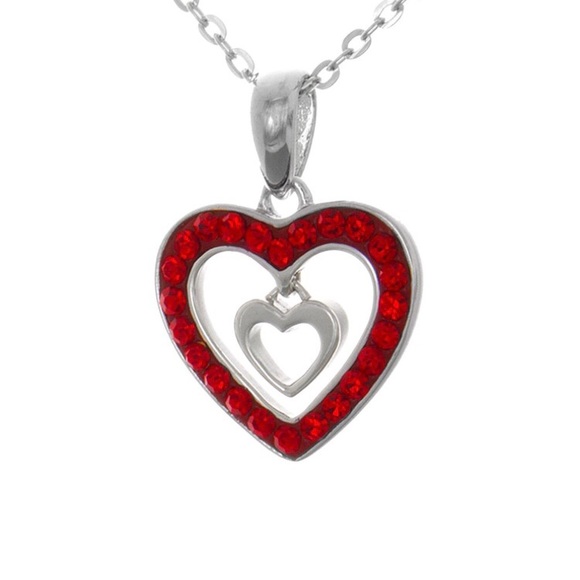Sterling Silver Valentine Heart Charm Necklace with Red CZ - Picture 4 of 8