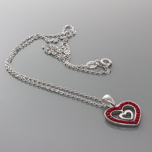 Sterling Silver Valentine Heart Charm Necklace with Red CZ - Picture 6 of 8