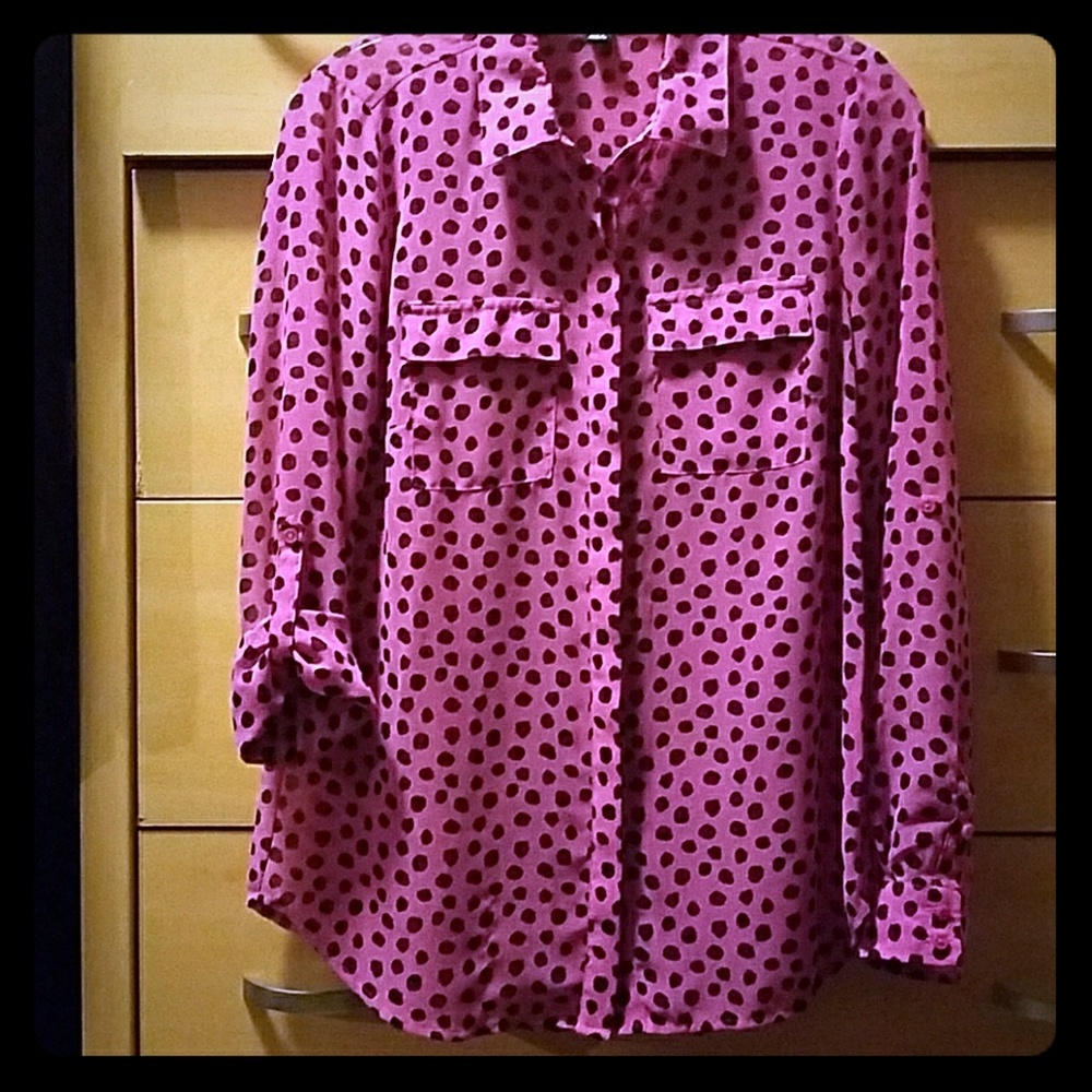Bright pink blouse with black Poka dots