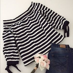 J. Crew striped off the shoulder navy blue white