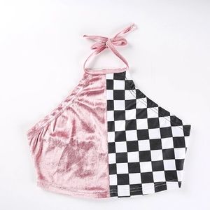 Baby Pink Velvet Checkered Halter Tank Top