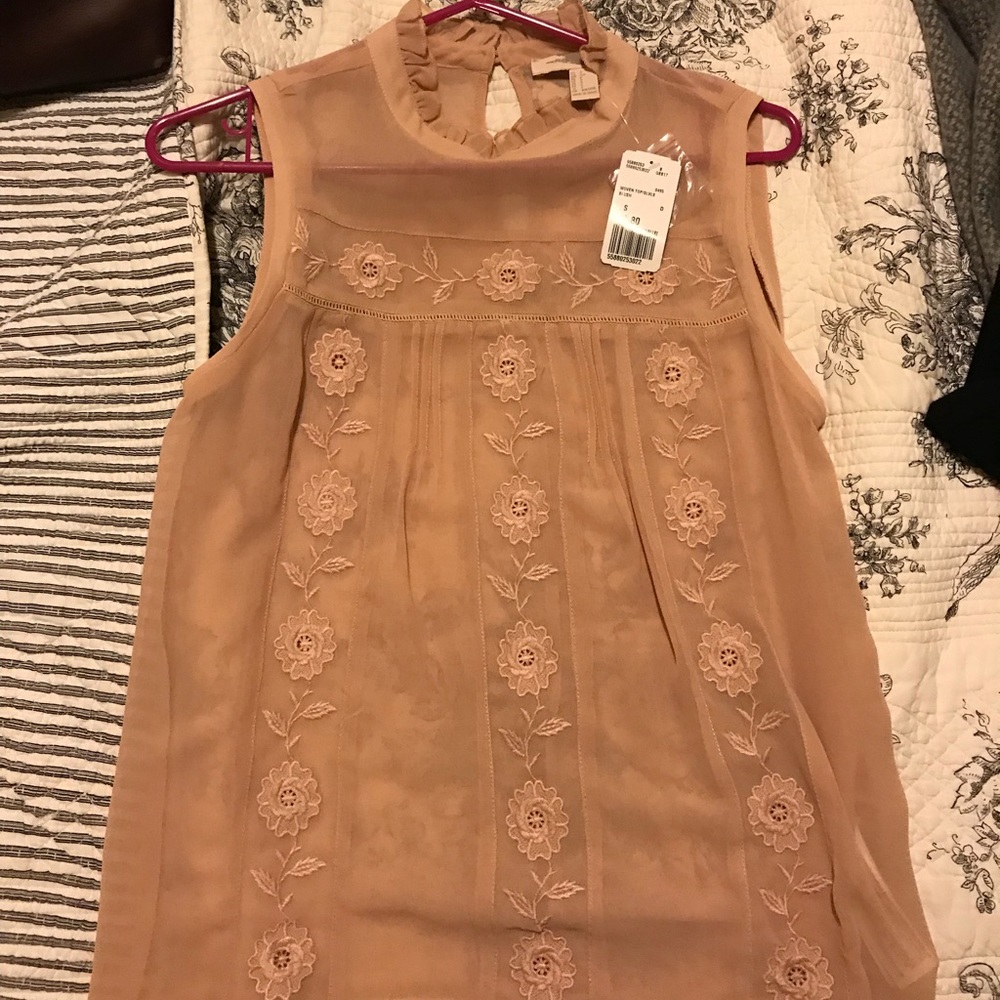 blush colored sheer high neck sleeveless blouse
