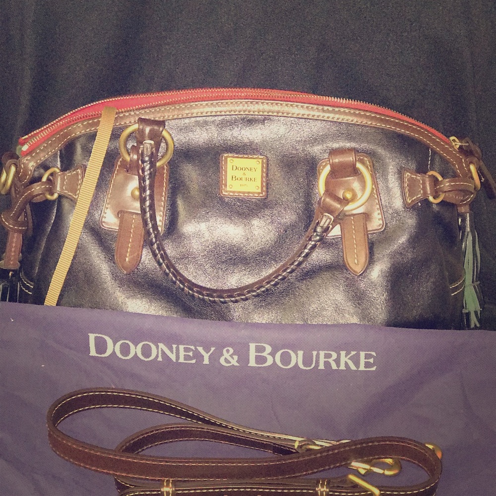 Dooney Burke leather black and brown satchel.