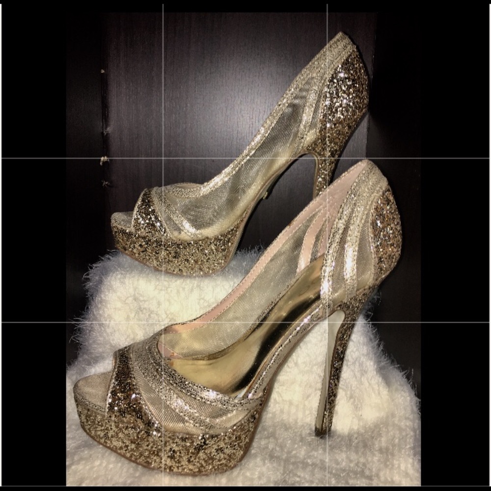 Bebe gold glittery open toe pump