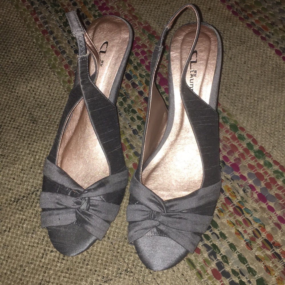 Silver/gray satiny wedge heels. Never worn