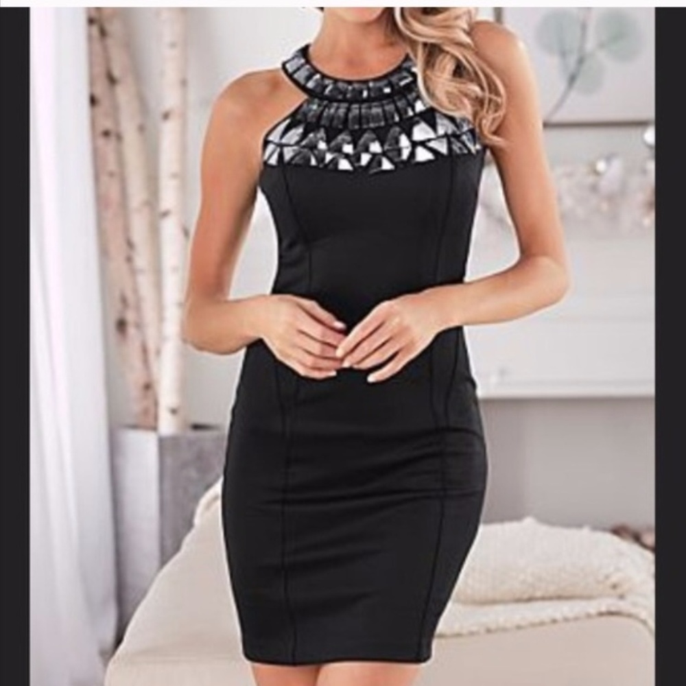 NWOT VENUS Black Mirror Detail Halter Dress