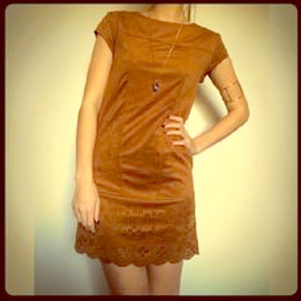 Brown suede shift dress with laser cut hem detail