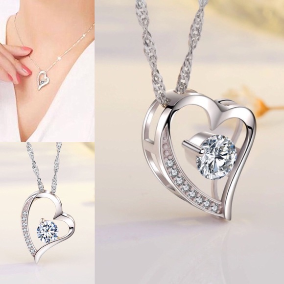 NEW 14k White Gold Plated Heart Pendant Necklace - Picture 2 of 2