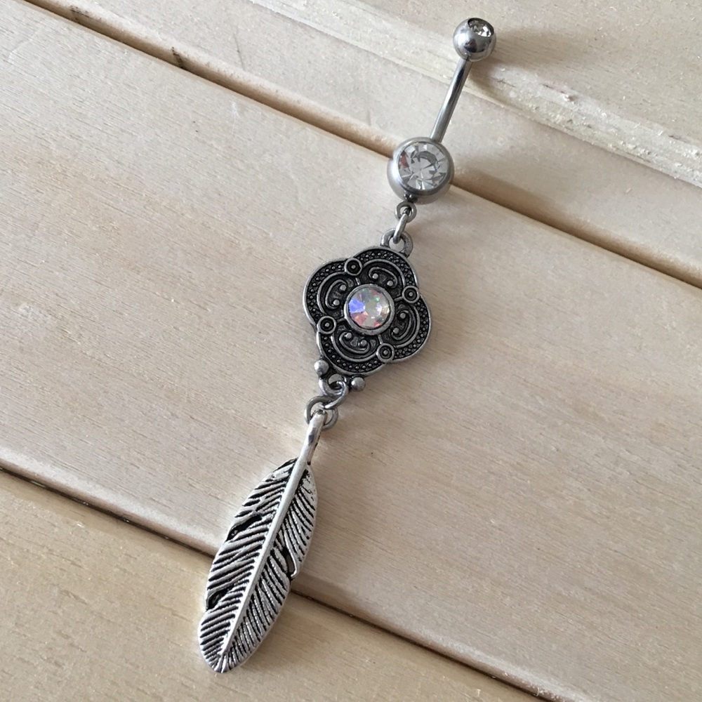 Iridescent Boho Feather Belly Button Ring