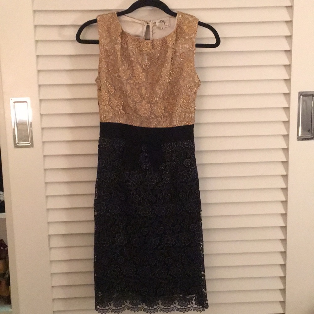 Milly lace gold and black sheath party dress. 2.
