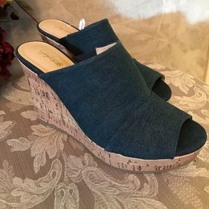 Blue denim wedge shoes