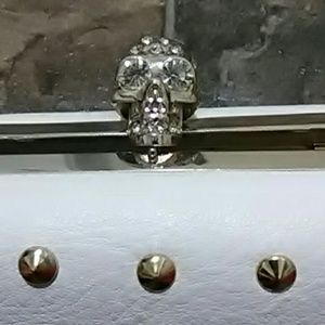 White gold studded skull clutch with chain