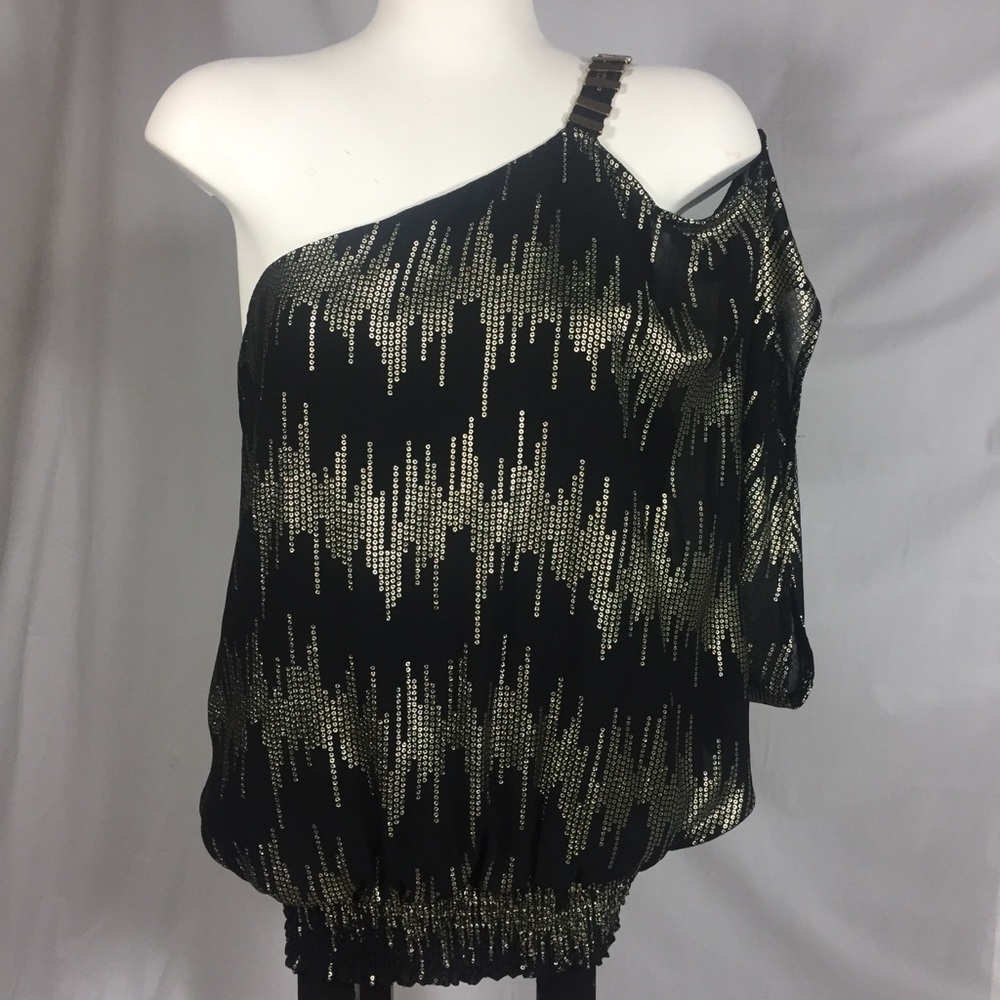 2b bebe Off Shoulder Blouse, Black Gold Sz M