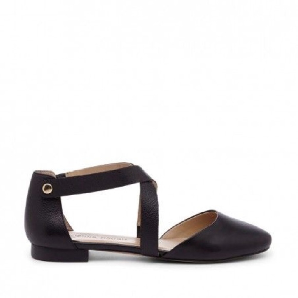 Black Leather Cross Strap Ballet Flats - Picture 3 of 7