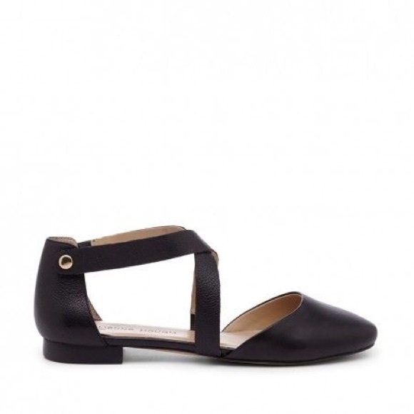 Black Leather Cross Strap Ballet Flats - Picture 3 of 7