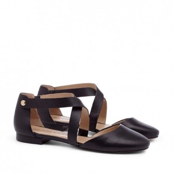 Black Leather Cross Strap Ballet Flats - Picture 4 of 7