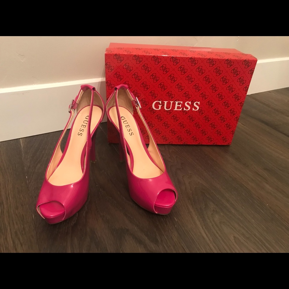 Guess hot pink open toe pumps