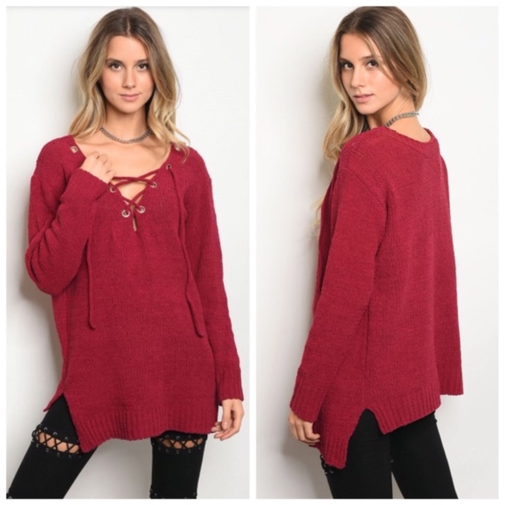 Burgundy Lace Up Tunic Sweater So Cute Must Have