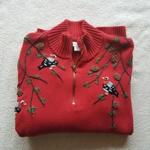 Cold Water Creek Red Quarter Zip Sweater with Bird