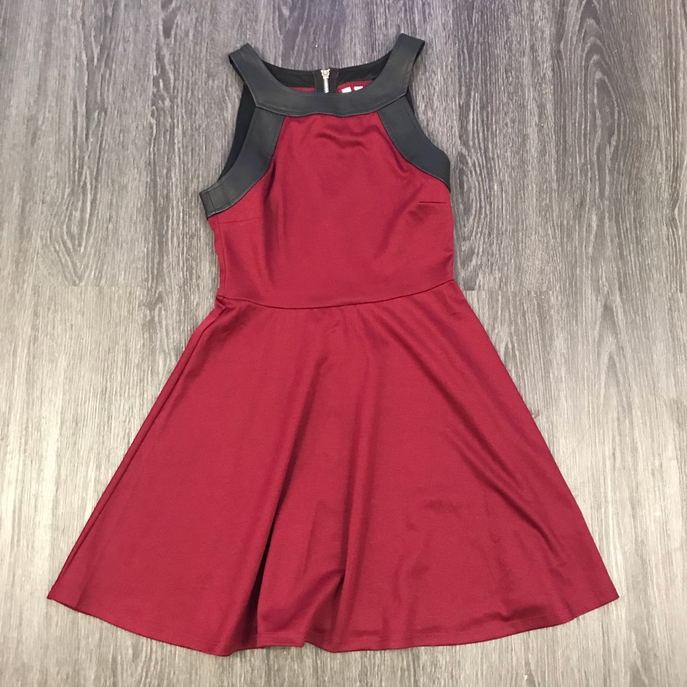 Burgundy dress with leather detail